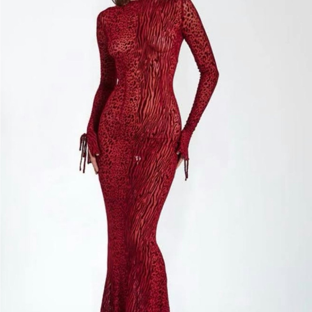 Miss Circle Waylynn Burnout Velvet Detail Mesh Backless Maxi Dress Size: Small